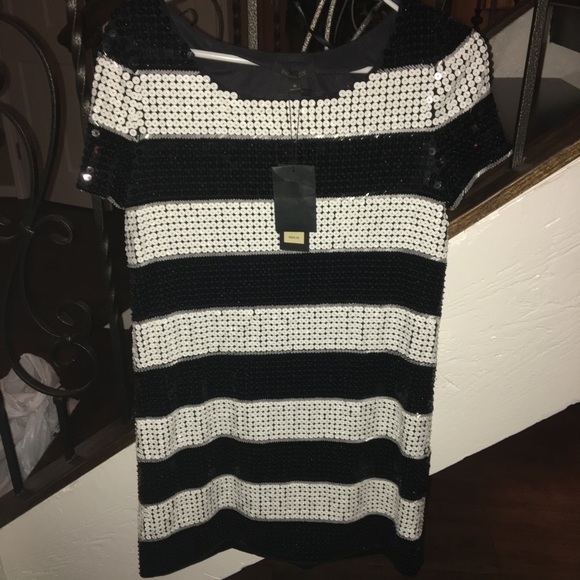 Striped Black and White Sequin Mini Dress - Picture 5 of 7